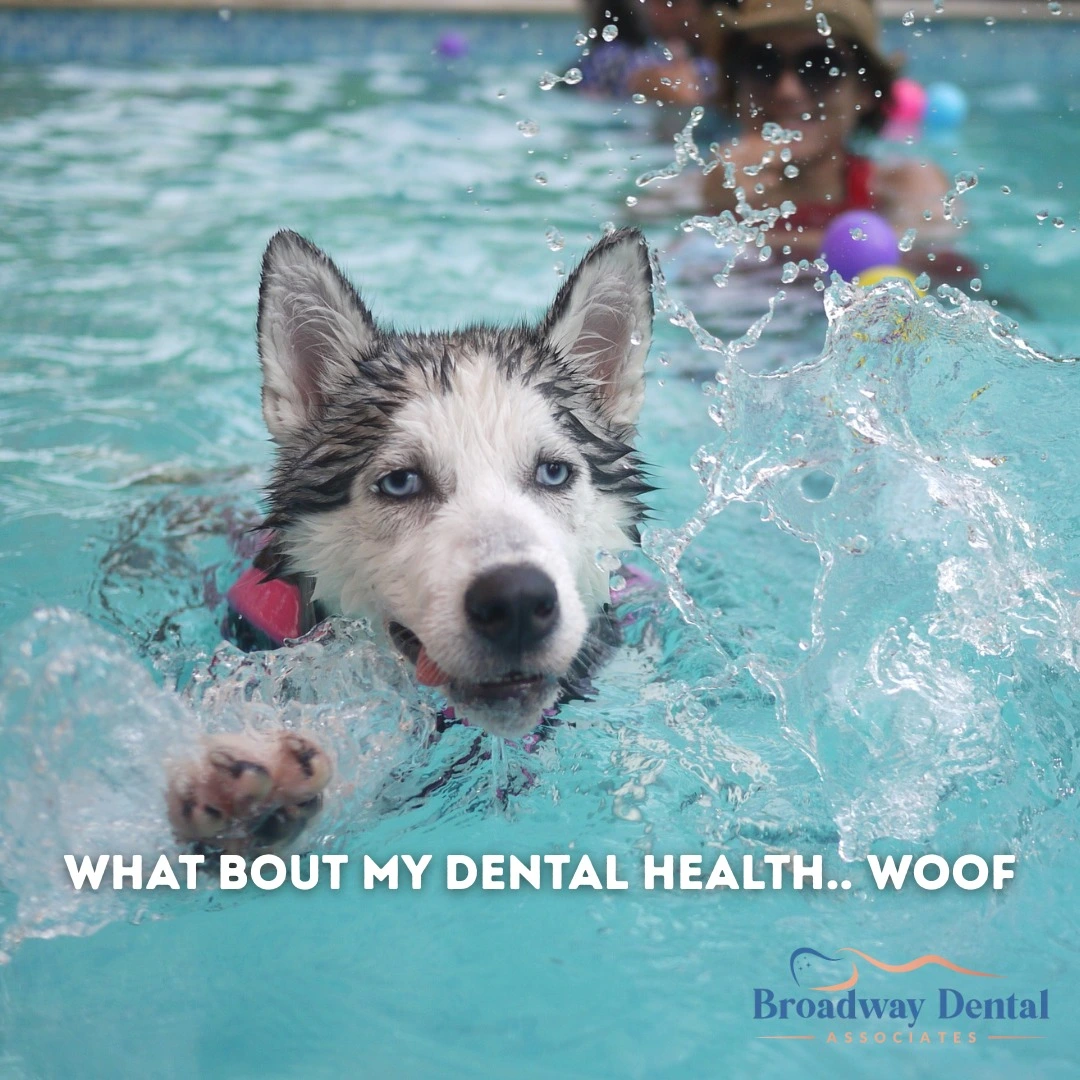 A cute husky dog with blue eyes swims in a pool, splashing water, with a funny text saying: What bout my dental health.. woof