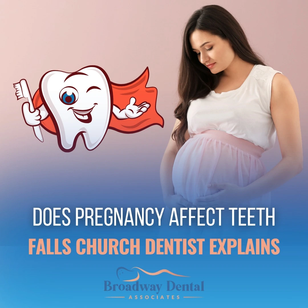 A smiling pregnant woman with a winking tooth mascot besides her, holding a toothbrush, illustrating the importance of dental health during pregnancy