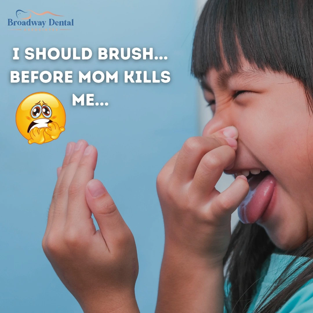 A young girl making a silly face and holding her nose, highlighting the importance of brushing and overall oral hygiene to avoid bad breath