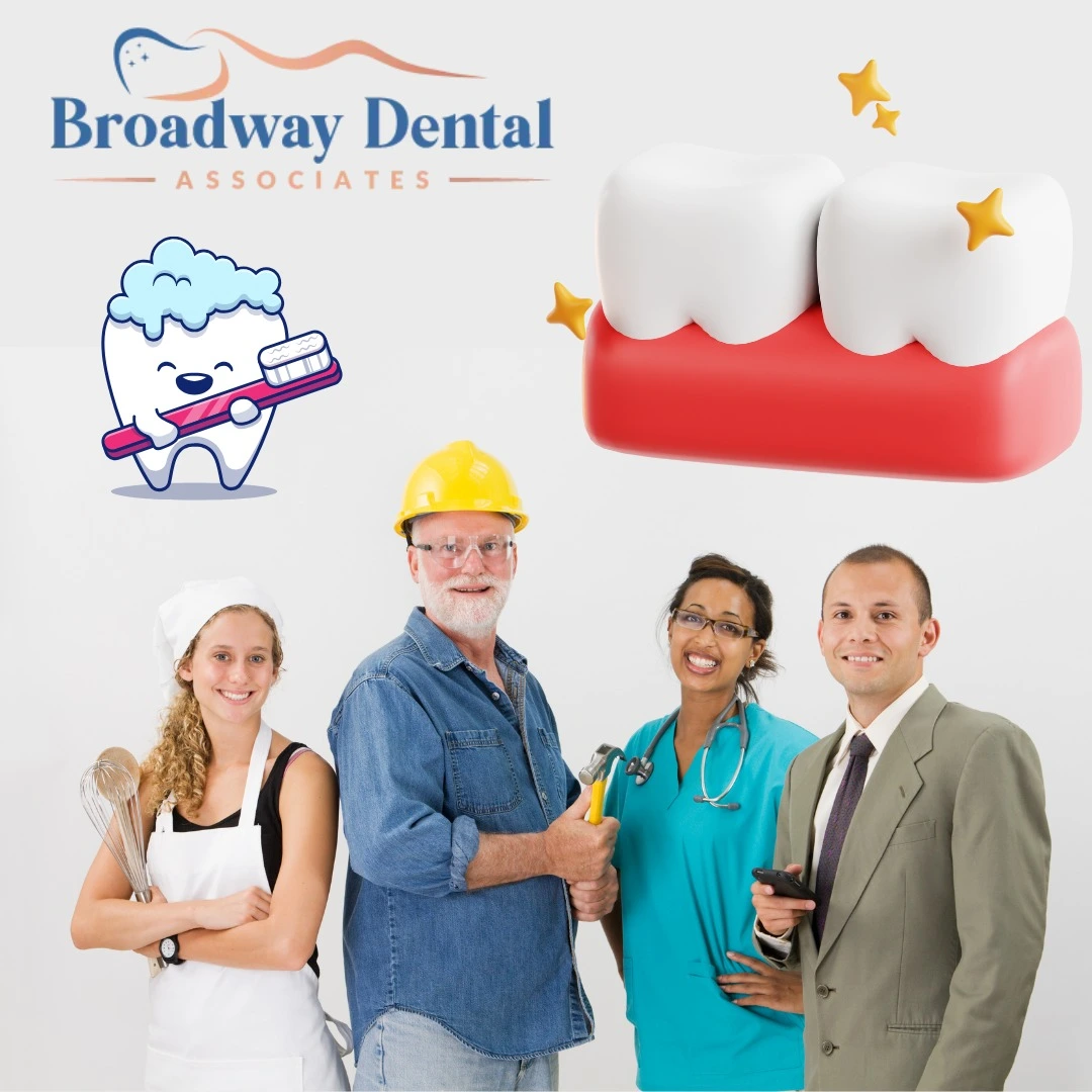 Diverse group of professionals, including a chef, construction worker, nurse, and businessman, with clean teeth graphics, asking, "Does job damage your teeth?"