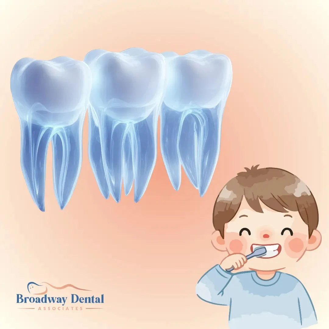 Illustration of a child brushing teeth near clear tooth models, and Broadway Dental Associates logo in the bottom left of the image