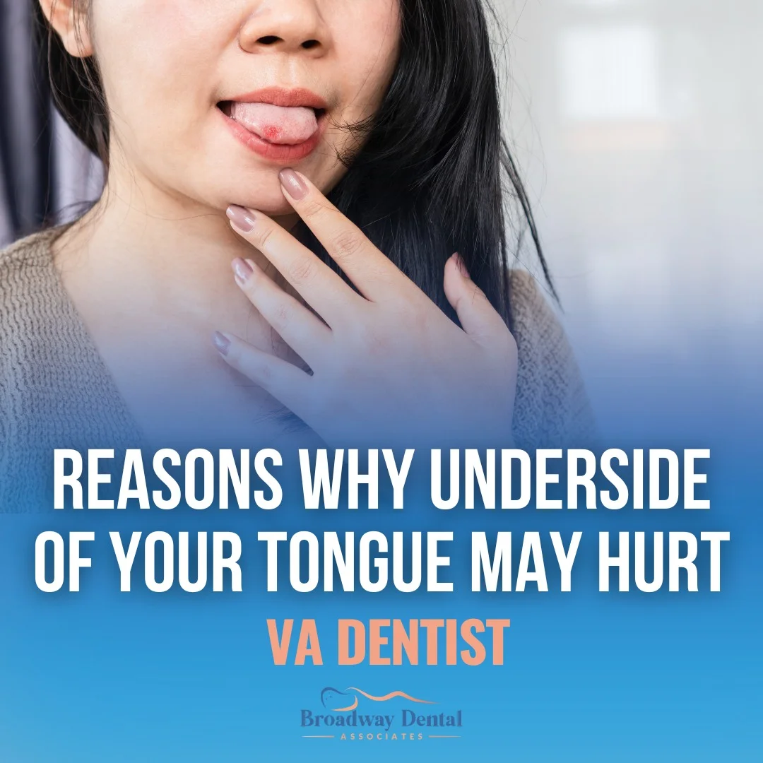 Woman pointing to a sore on her tongue and text saying: “Reasons Why Underside of Your Tongue May Hurt - VA Dentists”