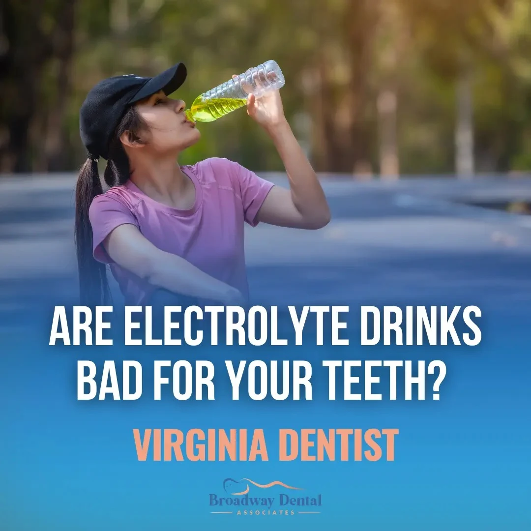 A woman drinking yellow sports drink outdoors and text saying: “Are Electrolyte Drinks Bad for Your Teeth? Virginia Dentist”