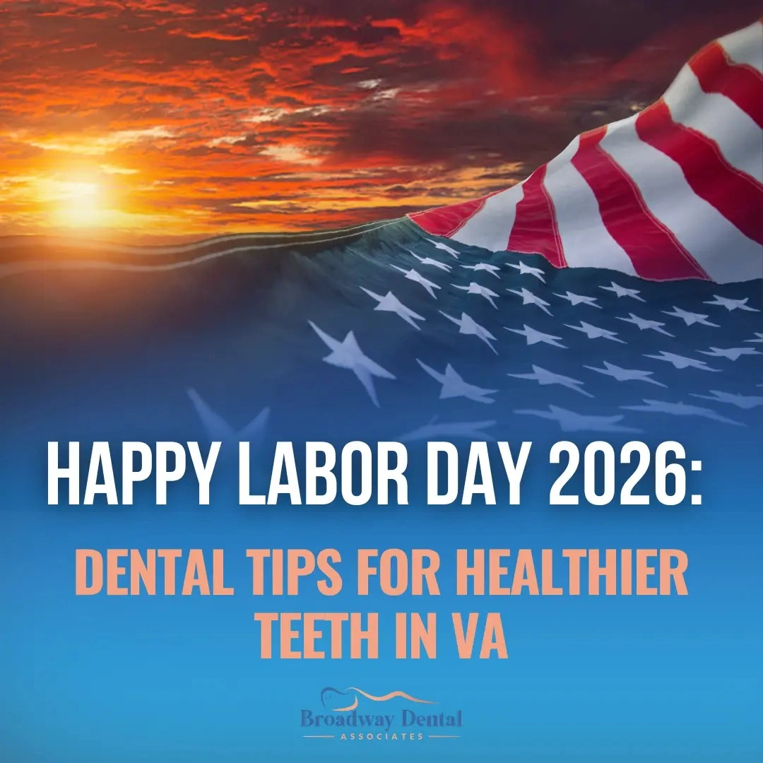 American flag waving at sunset and text saying: “Happy Labor Day 2026: Dental Tips For Healthier Teeth in VA”