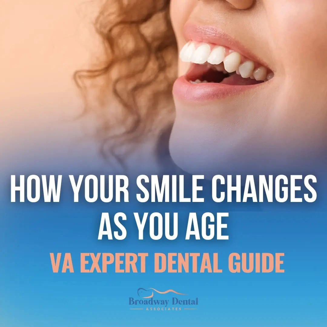 Close-up of a woman smiling with healthy white teeth and text saying: “How Your Smile Changes as You Age - VA Expert Dental Guide”