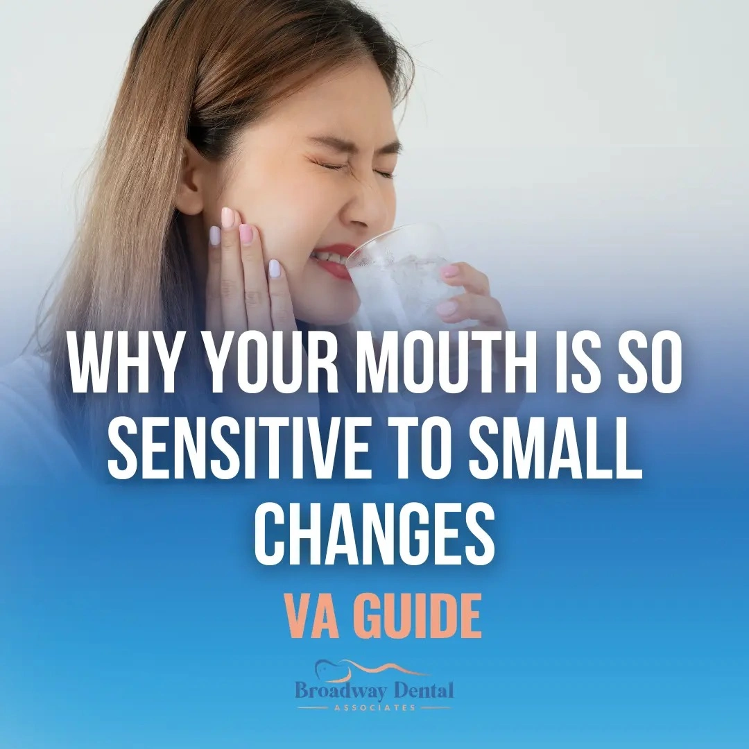 Woman wincing while drinking cold water and text saying: “Why Your Mouth Is So Sensitive to Small Changes - VA Guide”