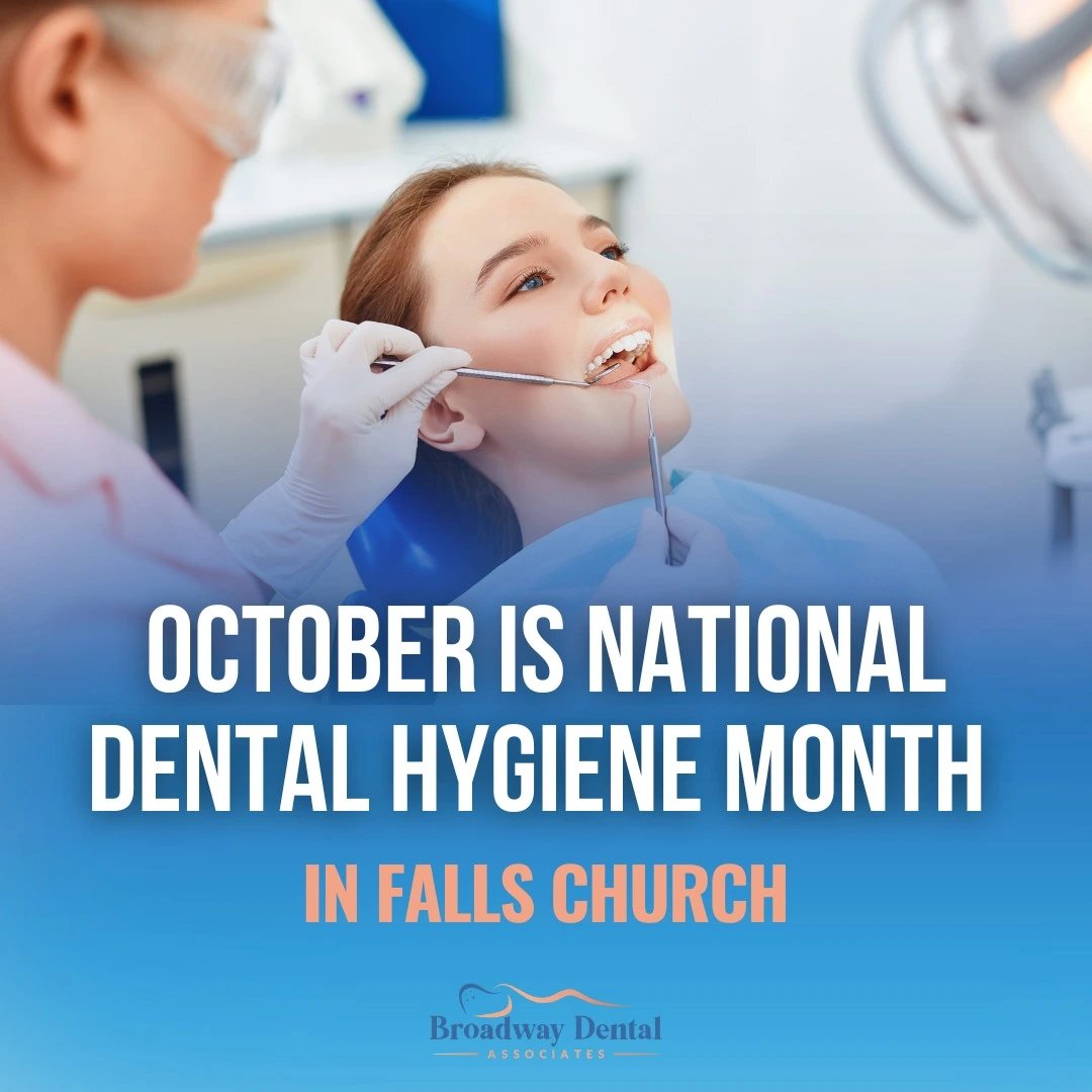 Patient receiving dental exam and text saying: “October is National Dental Hygiene Month in Falls Church”